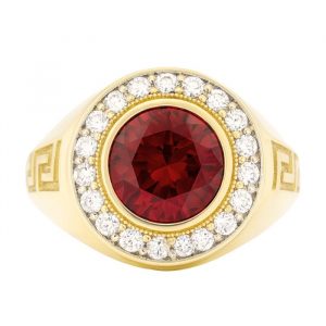 Sim. Red Stone 10mm & Cubic Zirconia Greek Key Gents Ring 10KT *CLEARANCE-FINAL SALE*
