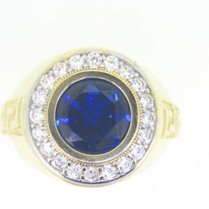 Sim. Blue Stone 10mm & Cubic Zirconia Greek Key Gents Ring 10KT  *CLEARANCE-FINAL SALE*