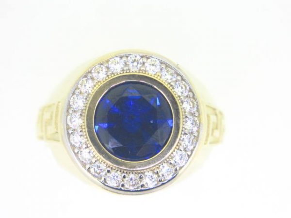 Sim. Blue Stone 10mm & Cubic Zirconia Greek Key Gents Ring 10KT  *CLEARANCE-FINAL SALE*