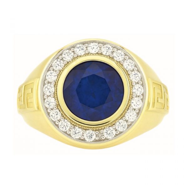 Sim. Blue Stone 10mm & Cubic Zirconia Greek Key Gents Ring 10KT  *CLEARANCE-FINAL SALE*