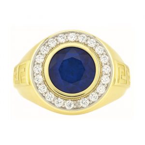 Sim. Blue Stone 10mm & Cubic Zirconia Greek Key Gents Ring 10KT *CLEARANCE-FINAL SALE*