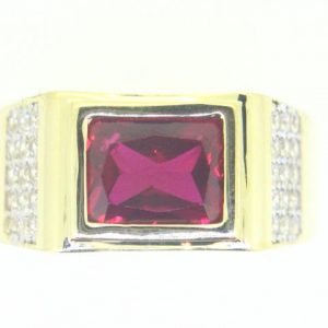 Sim. Red Stone & Cubic Zirconia Pave Gents Ring 10KT