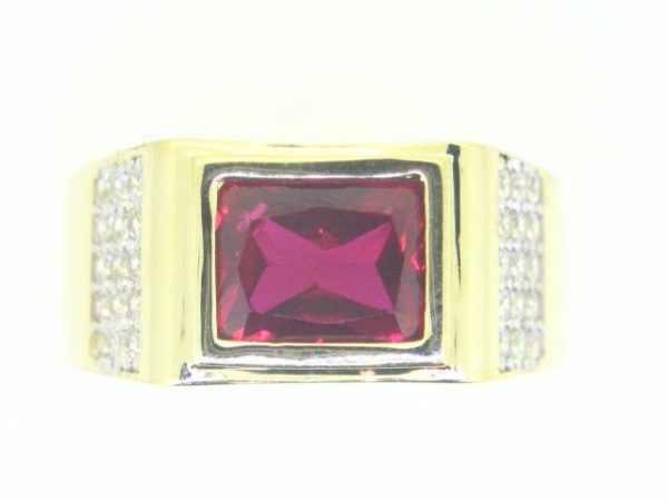 Sim. Red Stone & Cubic Zirconia Pave Gents Ring 10KT