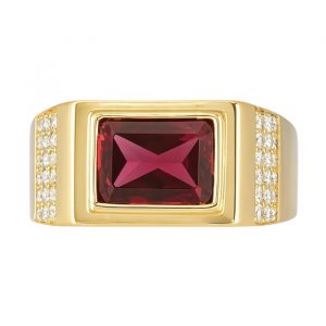 Sim. Red Stone & Cubic Zirconia Pave Gents Ring 10KT