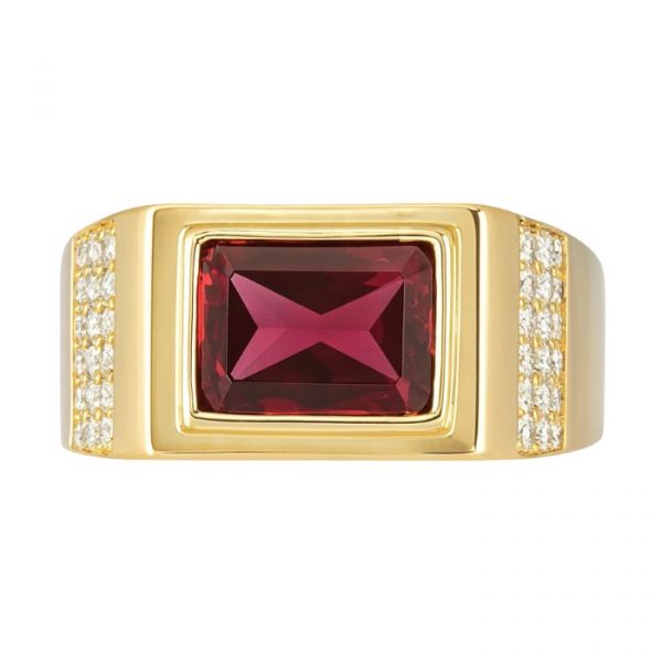 Sim. Red Stone & Cubic Zirconia Pave Gents Ring 10KT