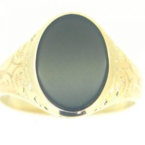 Black Onyx Oval 16X10 with Engraved Design on Shoulders Gents Ring 10KT