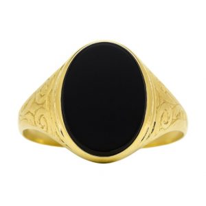 Black Onyx Oval 16X10 with Engraved Design on Shoulders Gents Ring 10KT