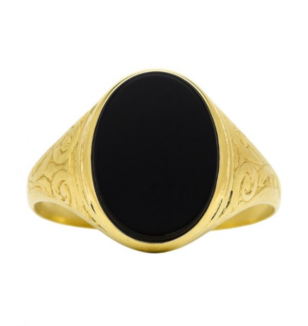 Black Onyx Oval 16X10 with Engraved Design on Shoulders Gents Ring 10KT