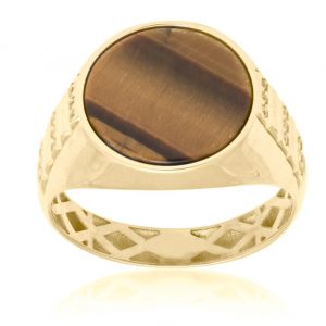 Genuine Tiger Eye Round 15MM with Cubic Zirconia Accents Gents Ring 10KT   *CLEARANCE-FINAL SALE*