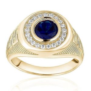 Sim. Sapphire Round & Cubic Zirconia Cluster with Greek Key Design Gents Ring 10KT