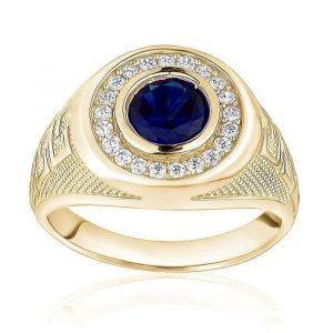 Sim. Sapphire Round & Cubic Zirconia Cluster with Greek Key Design Gents Ring 10KT