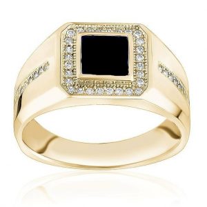 Square Black & Wh. Cubic Zirconia Cluster with Cubic Zirconia Accents High Polish Gents Ring 10KT