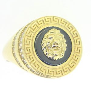 Black Enamel & Greek Key Lion Head with Cubic Zirconia Round Gents Ring 10KT/19MM  *SIZE 11