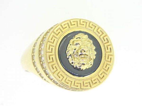 Black Enamel & Greek Key Lion Head with Cubic Zirconia Round Gents Ring 10KT/19MM  *SIZE 11