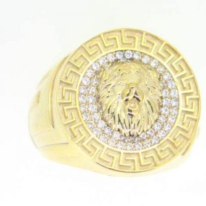 Lion Head with Cubic Zirconia & Greek Key Design Round Gents Ring 10KT/20MM   *SIZE 9