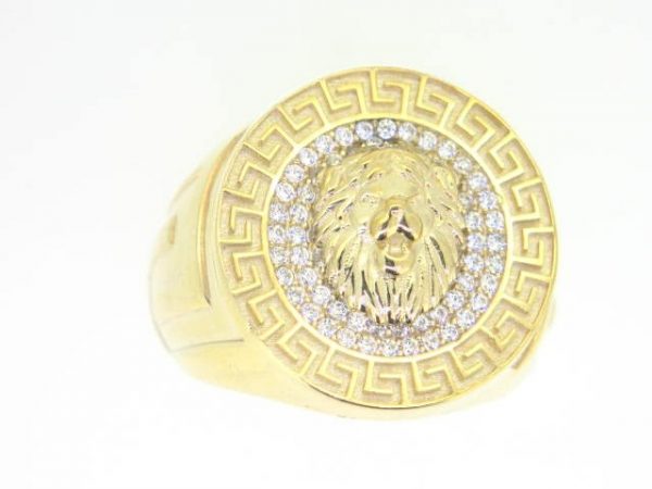 Lion Head with Cubic Zirconia & Greek Key Design Round Gents Ring 10KT/20MM   *SIZE 9