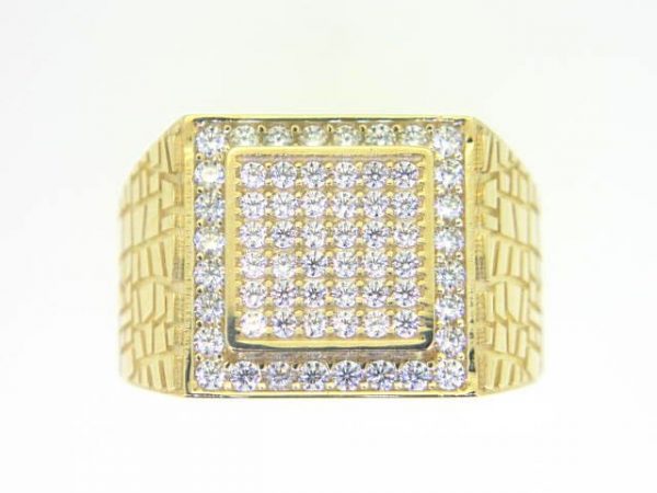 Cubic Zirconia Pave Square Halo with Textured Shank Gents Ring 10KT/16MM
