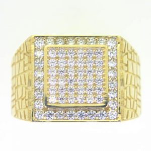 Cubic Zirconia Pave Square Halo with Textured Shank Gents Ring 10KT/16MM
