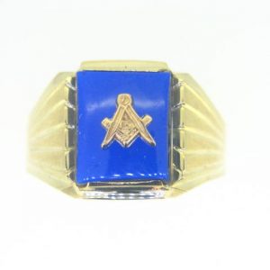 Sim. Blue Stone with Masonic Emblem Gents Ring 10KT