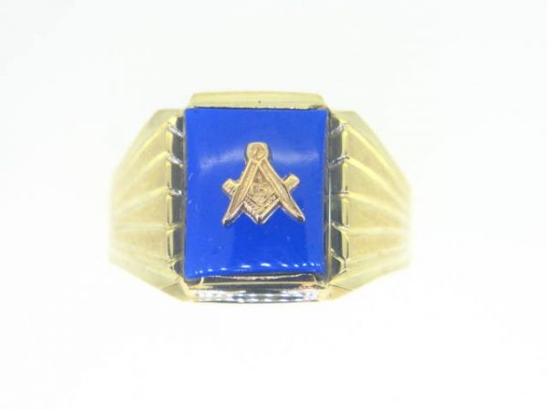 Sim. Blue Stone with Masonic Emblem Gents Ring 10KT