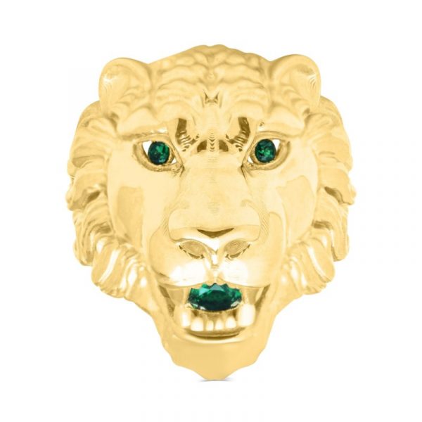 Lion Head w/ Sim. Green Stones Gents Ring 10KT/26MM