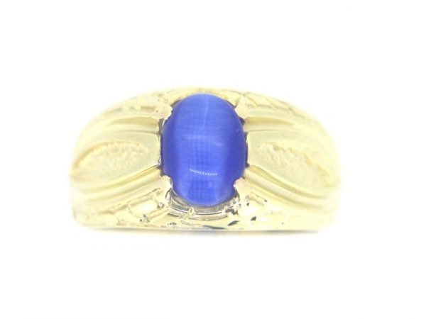 Sim. Blue Cats Eye Oval Cabochon 8X6 Gents Ring 10KT     **CLEARANCE-FINAL SALE**
