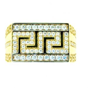 Cubic Zirconia Pave Greek Key Design Rectangular Gents Ring 10KT