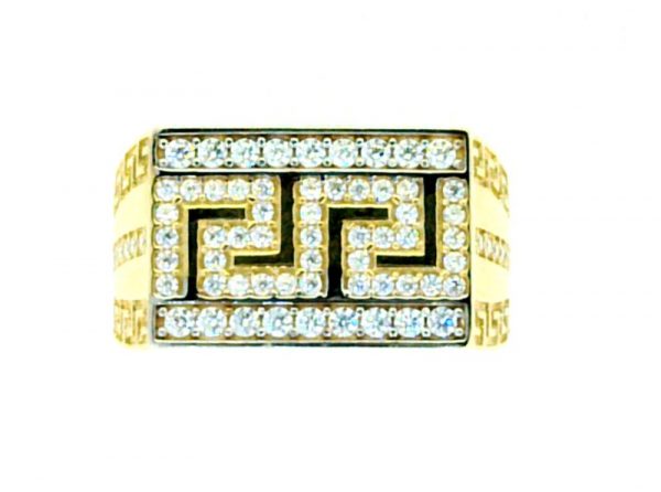 Cubic Zirconia Pave Greek Key Design Rectangular Gents Ring 10KT