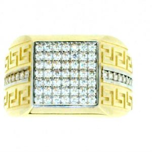 Cubic Zirconia Pave Greek Key Design Square Gents Ring 10KT
