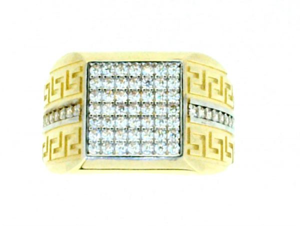 Cubic Zirconia Pave Greek Key Design Square Gents Ring 10KT