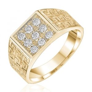 Cubic Zirconia 3x3 Cluster Greek Key Design Square Gents Ring 10KT