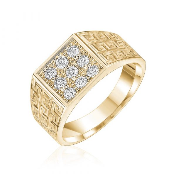 Cubic Zirconia 3x3 Cluster Greek Key Design Square Gents Ring 10KT