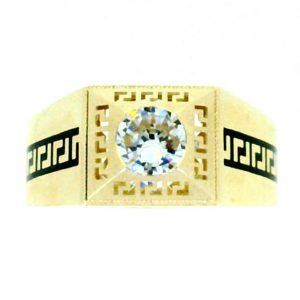 Cubic Zirconia Solitaire with Black Enamel Greek Key Design  Gents Ring 10KT