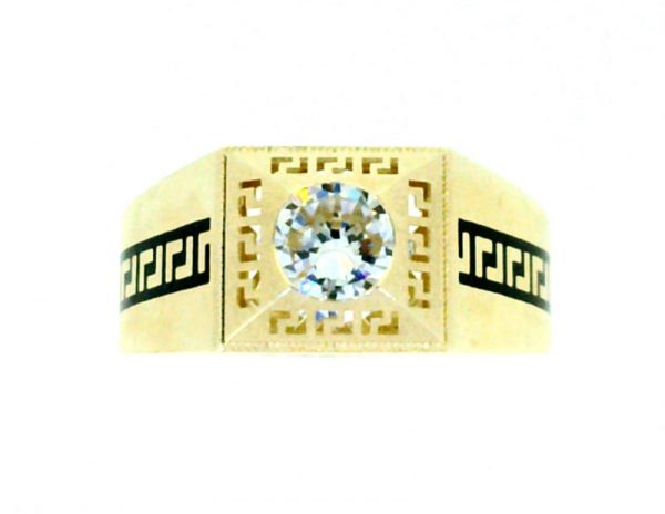 Cubic Zirconia Solitaire with Black Enamel Greek Key Design  Gents Ring 10KT