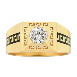 Cubic Zirconia Solitaire with Black Enamel Greek Key Design Gents Ring 10KT