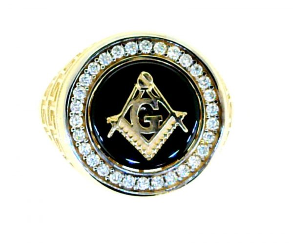 Black Onyx Masonic & Cubic Zirconia Round Gents Ring 10KT