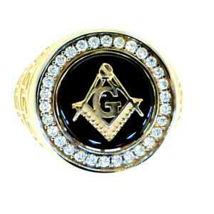 Black Onyx Masonic & Cubic Zirconia Round Gents Ring 10KT