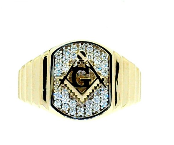 Masonic & Cubic Zirconia Pave Step Shank Gents Ring 10KT