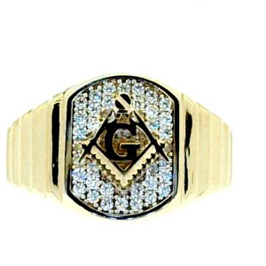 Masonic & Cubic Zirconia Pave Step Shank Gents Ring 10KT