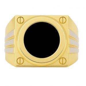 Black Enamel with Screw Design Accents Gents Ring 10KT TT