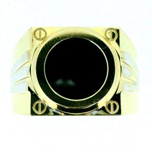 Black Enamel with Screw Design Accents Gents Ring 10KT TT