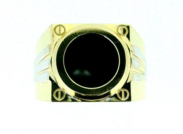 Black Enamel with Screw Design Accents Gents Ring 10KT TT