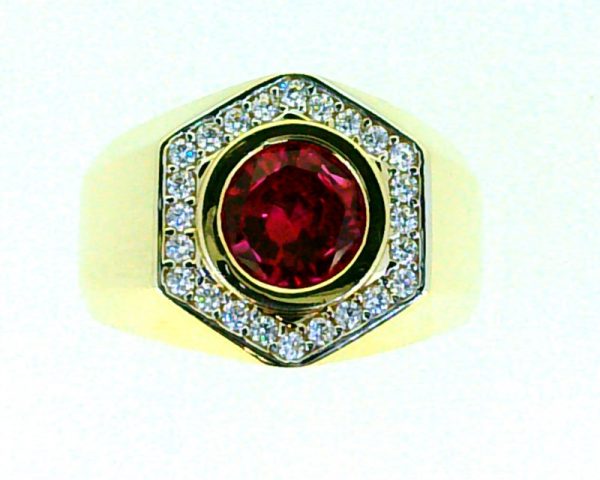Sim. Ruby & Cubic Zirconia Geometric Shape Gents Ring 10KT