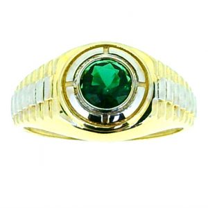 Sim. Emerald & Cubic Zirconia Round Gents Ring 10KT TT
