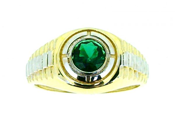 Sim. Emerald & Cubic Zirconia Round Gents Ring 10KT TT