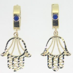 Hamsa D.Cut Dangle with Sim. Blue Stone Huggie Hoop Earrings 10KT     *CLEARANCE-FINAL SALE*