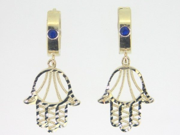 Hamsa D.Cut Dangle with Sim. Blue Stone Huggie Hoop Earrings 10KT     *CLEARANCE-FINAL SALE*