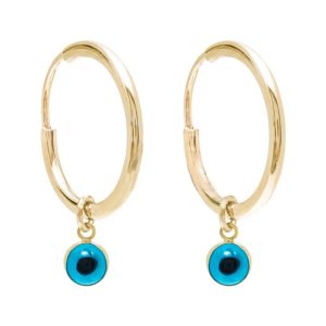 2MM Hoop Earrings with Blue Round Evil Eye Dangle Charms 10KT/14MM    *CLEARANCE-FINAL SALE*