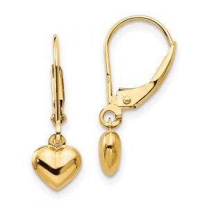 Puffed Polished Heart Drop Lever Back Earrings 14KT           *FINAL SALE*
