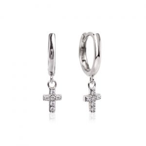 2MM High Polish Huggie Hoop Earrings w/ Cubic Zirconia Dangle Cross 10KT WG/6MM      *FINAL SALE*